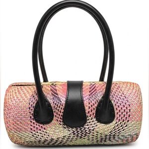 Vintage Hand-Woven Cylinder Basket Bag with  Straps – Multi-Color Chevron